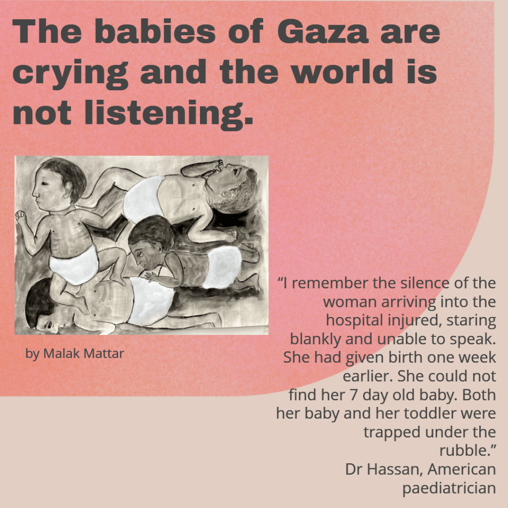 A poignant illustration showing several babies lying together, with an impactful quote about the suffering of infants in Gaza.