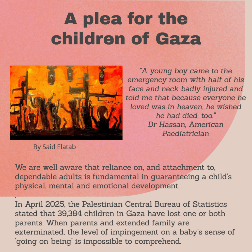 An illustration depicting the struggles and emotions of children in Gaza, featuring figures expressing despair and pain against a backdrop of destruction with bombs overhead.