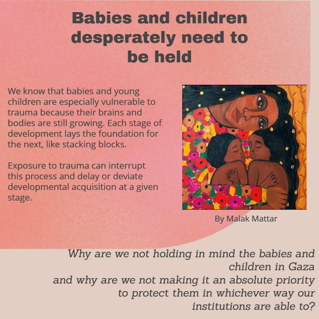 An illustration of a mother holding two children, surrounded by colorful flowers, with text discussing the importance of physical affection for babies and children, emphasizing their vulnerability to trauma.