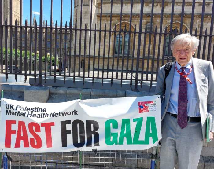 Lord Dubs at #FASTFORGAZA outside Parliament